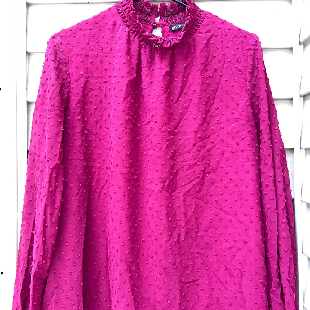 Magenta Pink‎ Swiss Dot Ruffle Mock Neck Blouse.  Sheer with lining of body